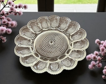 Piatto vintage in vetro Indiana Deviled Egg, design smerlato Hobnail