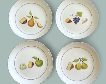 Vintage Set of 4- Crate&Barrel Nancy Green Fruit Fromage Plates, plates with fruits art, pears, apples, grapes, peaches cake serving plates