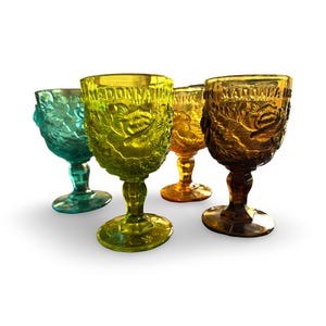 Vintage Madonna Inn Wild Rose Water Goblet, 6.75” Tall, Aqua, Lime Green, Amber, Smoky Brown, Sold Individually, Select at Checkout