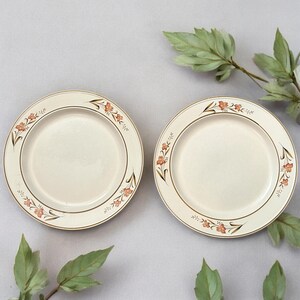 May include: Two cream-colored ceramic plates with a gold rim and floral design. The plates have a simple, elegant design with a border of orange and green flowers. The plates are likely for serving food.