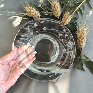 May include: Clear glass plate with an etched wheat stalk design. The plate is round with a slightly raised centre and a delicate, detailed pattern around the rim. The plate is held in front of a background of wheat stalks and greenery.