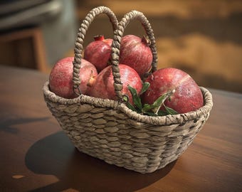 Antique French woven water hyacinth basket with dual swivel handles, farmhouse basket decor,