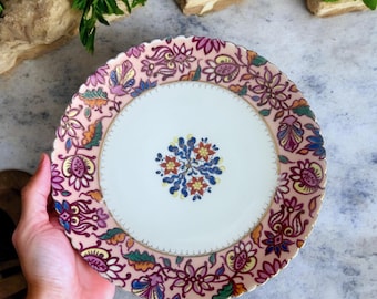 Rare Antiques Royal Vienna plate Scalloped edge Beehive hallmark, Vienna Austria hand painted ornate plate , floral pink yellow peach plate