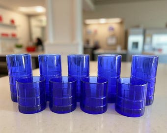 Anchor Hocking Cobalt Blue Tartan, choice Iced Tea or Tumbler Glasses, Mid‑Century Barware