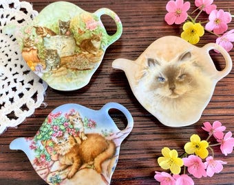Vintage Set of 3 Vintage Style Cat Teabag Holders, Italian Melamine Teabags Rest, Charming Kitten Illustrations, Persian Cat Tea Accessories