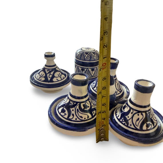 Hand Painted Moroccan Ceramic Condiment Set Blue White Mini Tagine
