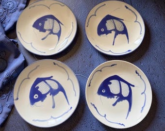 Vintage Chinese Blue White Koi Fish Plate (7.25") Hand-Painted Salad Dessert