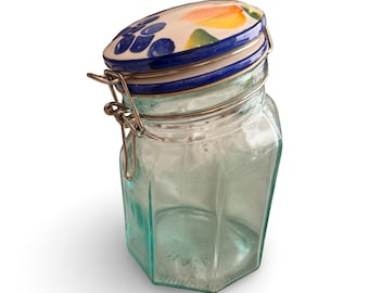 Vintage Blue Tinted Glass Jar, Decorative Ceramic Lid, Made Italy Storage Container