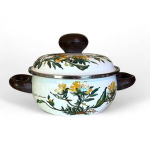 May include: White enamel cooking pot with a floral design featuring yellow and green flowers and leaves. The pot has a dark brown lid and handles. The pot's rim is silver. The text "Anthyllis vulneraria" is printed on the side.