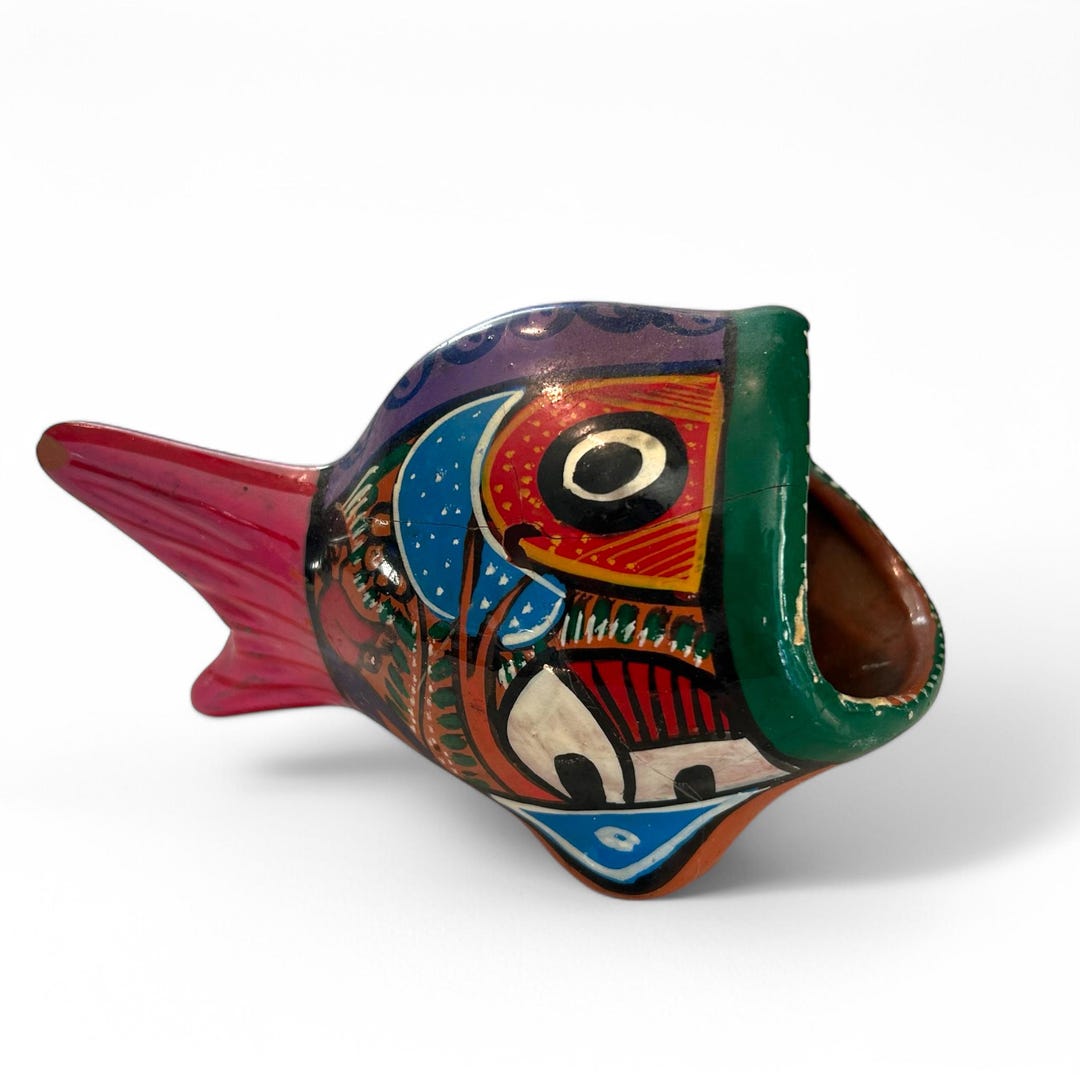 Vintage Hand-painted Mexican Talavera Pottery Piece Shaped Like a Fish,  Sponge Holder Open Mouth Fish, Mexican Folk Art Shark Decorative