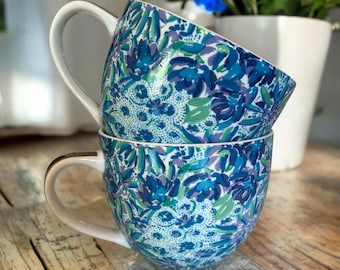 Lilly Pulitzer Coffee Mug Set (2 Cups Blue Floral Pattern 12 oz, round shape blue floral teacup,Gold Accents Ceramic Coffee Tea Mug Cup