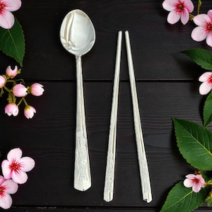 Vintage Korean Traditional Cutlery Stainless Steel Spoons and Chopsticks Set , Korean traditional cutlery, Sujeo (수저),