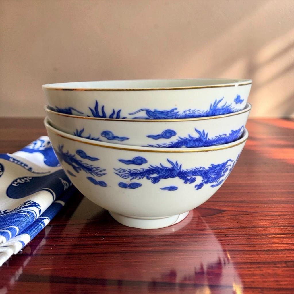 大清　ドラゴン装飾 ボウル Vintage Blue Dragon Asian Plates - Etsy