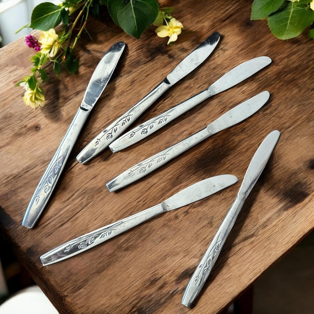 Vintage Stainless Flatware Japan, 6 Dinner Knives, Trailing Rose, 1960 ...