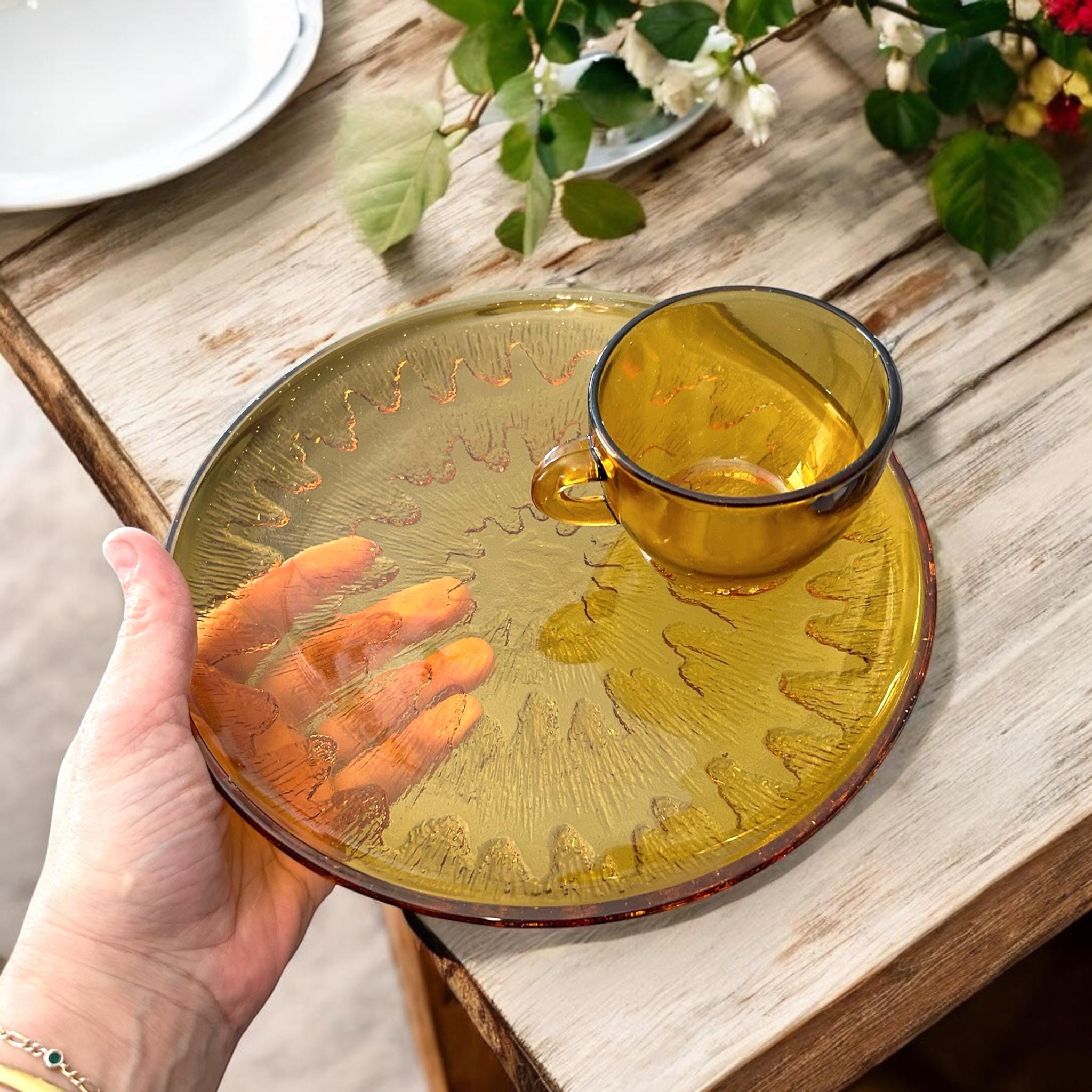 Vintage Indiana Glass Amber Snack Plate & Teacup. Mid Century