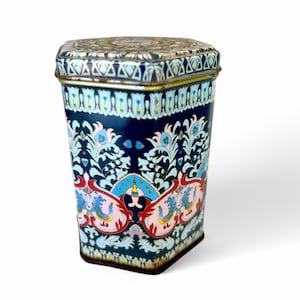 vintage six-sided lidded tin featuring a peacock design Canister tin box, teal and pink ornate tin box, vintage candy box made in Hong Kong