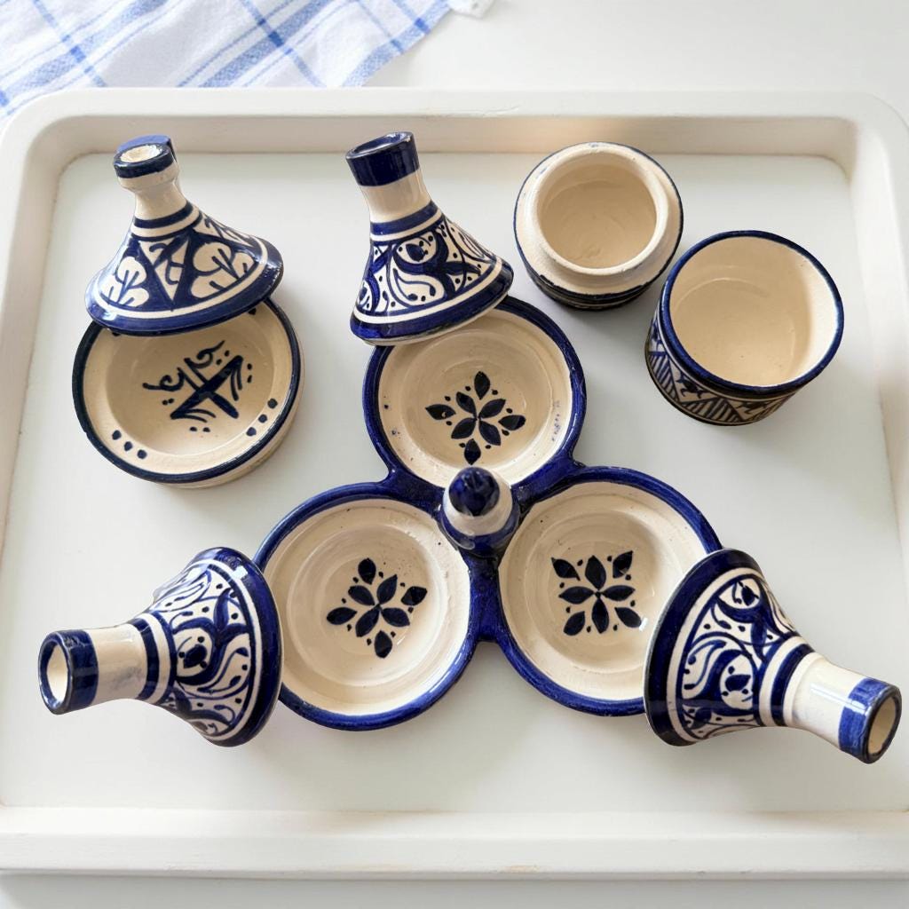 Hand Painted Moroccan Ceramic Condiment Set Blue White Mini Tagine