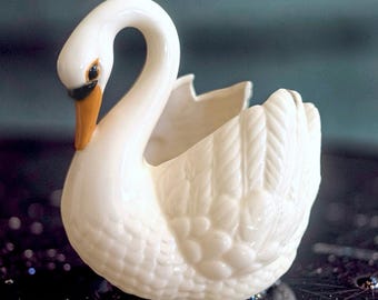 Vintage MCM Swan Planter Vase Porcelain Ceramic Hand Painted, Artist Marked, 8.5”Tall, White Glaze, Bird Planter