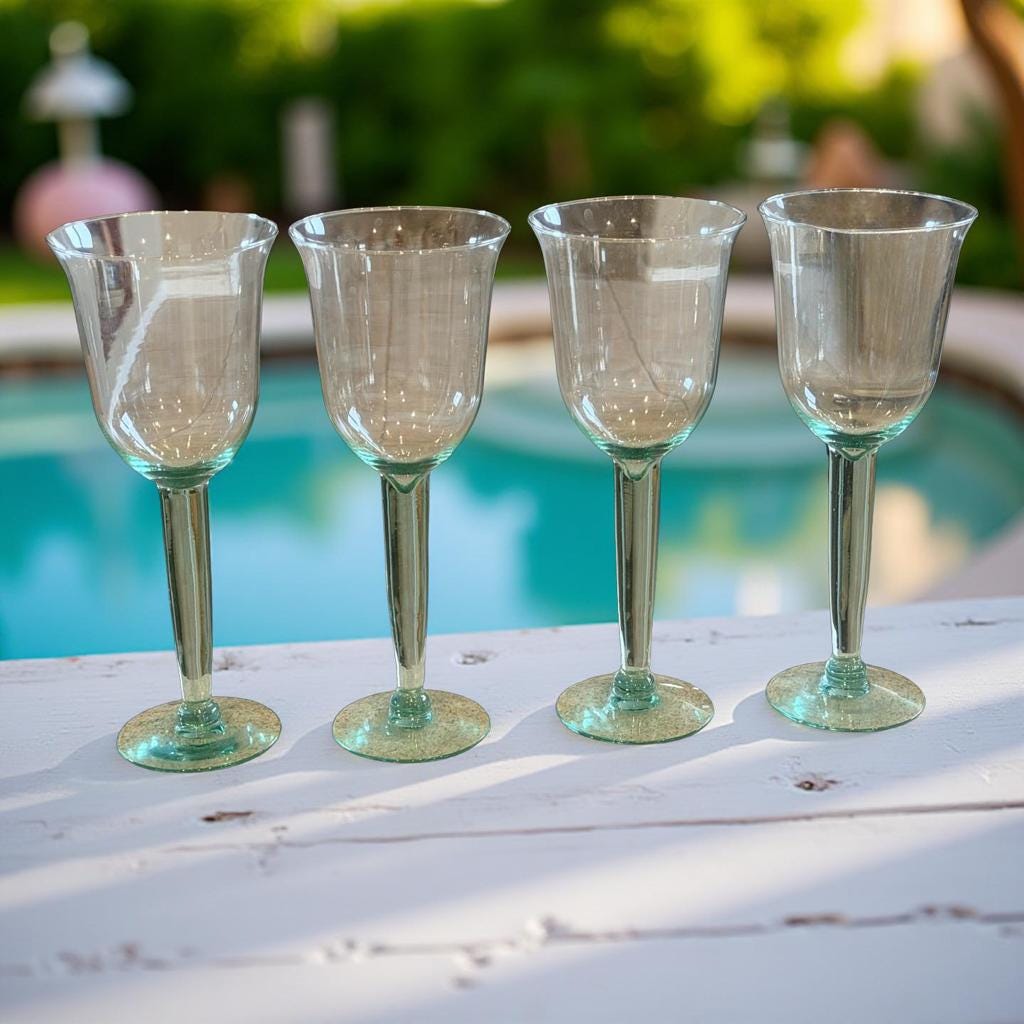 Vintage La Mediterranea Green Recycled Glass Wine Goblets Set of 4