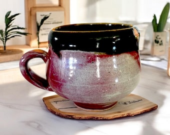 Handgemachter Keramik Becher, Rad geworfen Kaffeebecher, signiert, Keramik Becher, lila kastanienbraune beige Glasuren,
