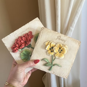 Può includere: Due targhe decorative quadrate con disegni floreali in rilievo. Una targa mostra un geranio rosso con la scritta "Geranium". L'altra mostra viole gialle con la scritta "Pansy". Entrambe le targhe hanno un aspetto vintage.
