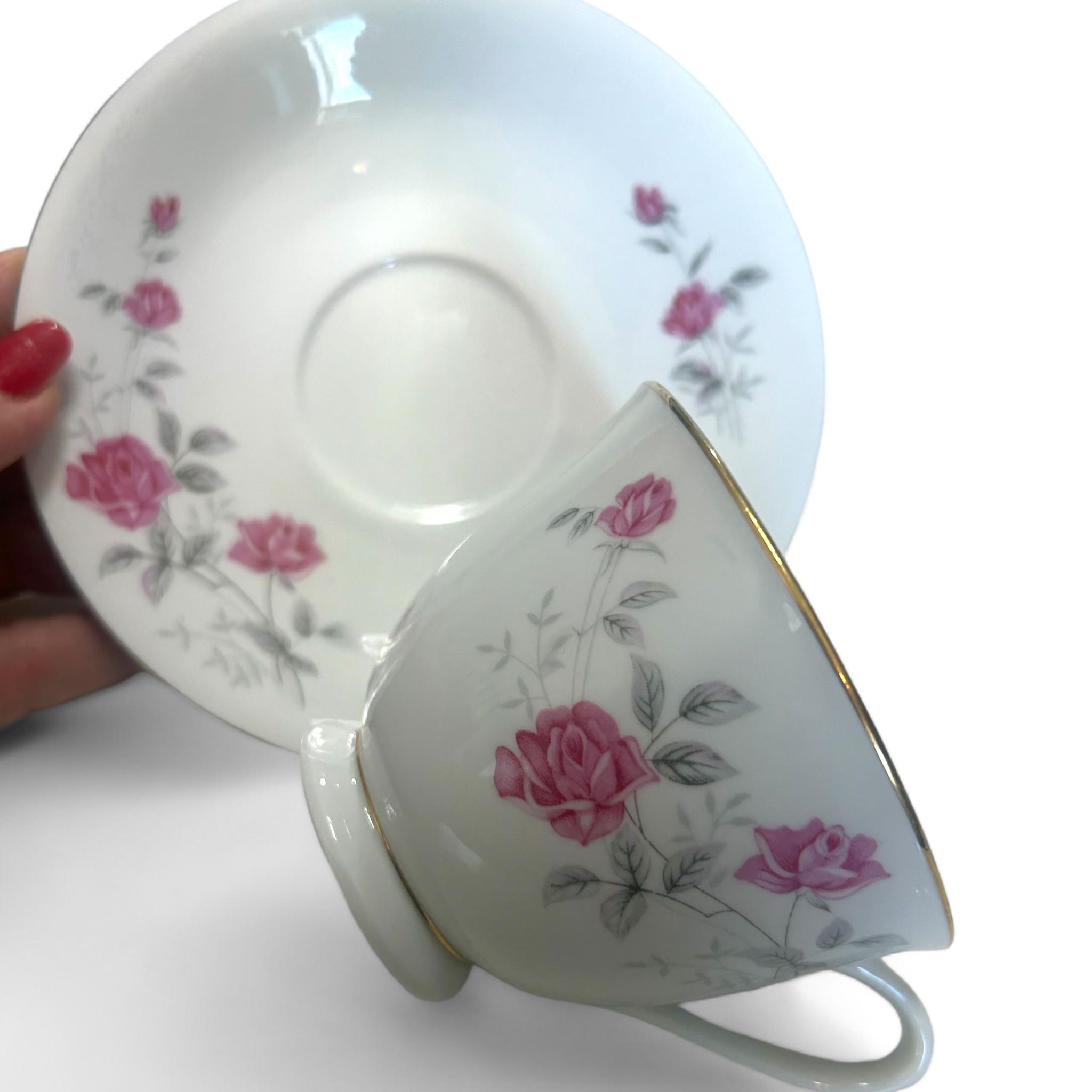 Set of 4 Vintage China Tea and Saucer Set, Red and Pink