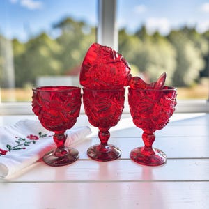 Vintage Madonna Inn Wild Rose Ruby Red Goblets Set of (4), Glassware 5”, Floral Pressed Glass Style goblets