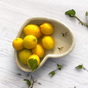 May include: A heart-shaped ceramic bowl filled with bright yellow lemons. The bowl has a cream-coloured base with a rope-like edge and floral accents. Fresh green sprigs are placed around the bowl, creating a fresh, inviting display.