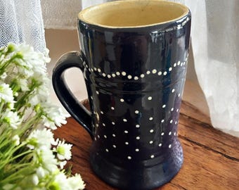 Vintage handmade navy blue white polka dots pottery mug, unique gift for her,
