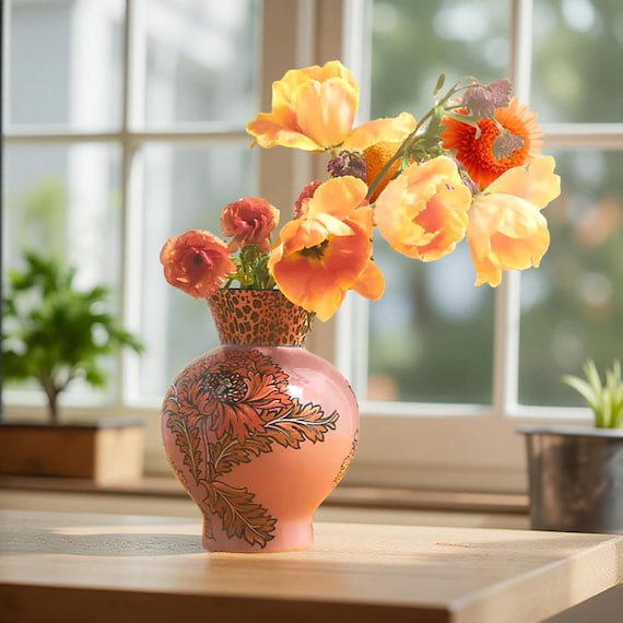 Anthropologie Jylin Vase, Hand-painted Floral Stoneware, Leopard