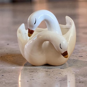May include: A ceramic swan planter with two white swans nestled together. The swans have brown beaks and closed eyes, suggesting a peaceful scene. The planter is a creamy off-white color, creating a soft, elegant aesthetic.