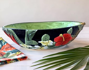 Vintage eilandplantages paradijsvogelbloem ovale kom reliëf handgeschilderd 12 x 6 inch