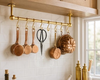 Rustic Unlacquered Brass Pot Rack – Custom Kitchen Hanging Rail – Wall Mounted Brass Bar with Removable S Hooks