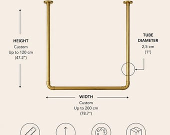 Handcrafted Unlacquered Brass Garment Rack, Ceiling Mounted Minimalistic Clothes Rail, Vintage Open Closet Organizer