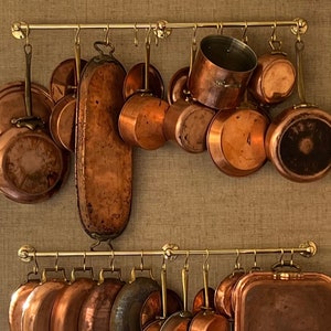 Unlacquered Brass Pot and Pan Rail, Solid Brass Kitchen Rack with S Hooks, Rustic Wall Mounted Organizer, Edwardian Curtain Rod