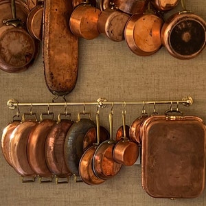 Unlacquered Brass Pot and Pan Rail, Solid Brass Kitchen Rack with S Hooks, Rustic Wall Mounted Organizer, Edwardian Curtain Rod