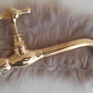 Puede incluir: Un grifo de color dorado con un diseño vintage. El grifo está sobre una superficie peluda de color marrón claro.