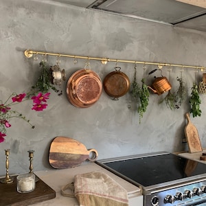 Unlacquered Brass Pot and Pan Rail 16mm – Edwardian Kitchen Rack, Cafe Curtain Rod, Wall Mounted Brass Hanging Rail for Kitchen Storage
