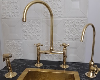 Unlacquered Brass Bridge Faucet 8" With Linear and Straight Legs and Various Handles style - Kitchen Faucets with spray and filter with GIFT