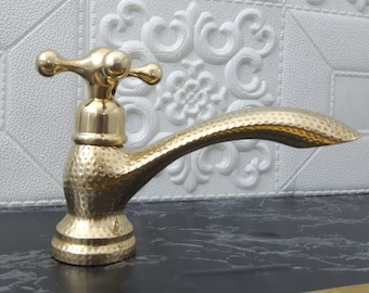 Unlacquered Brass Single Hole Bathroom Faucet - Basin Bathroom Faucet - Vintage Flat Cross Tap