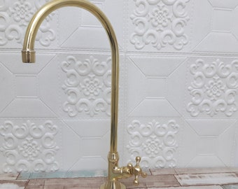 Unlacquered Brass Bar Kitchen Faucet - Single Handle Authentic Brass Kitchen Gooseneck Faucet - Cold Water Single Hole, Cross Handles