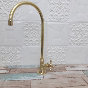 Unlacquered Brass Bar Kitchen Faucet - Single Handle Authentic Brass Kitchen Gooseneck Faucet - Cold Water Single Hole, Cross Handles