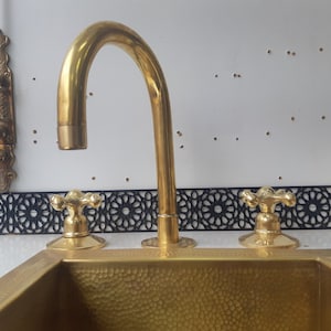 Unlacquered Brass 3-Hole Bathroom Faucet: Vintage Deck Mounted Tap