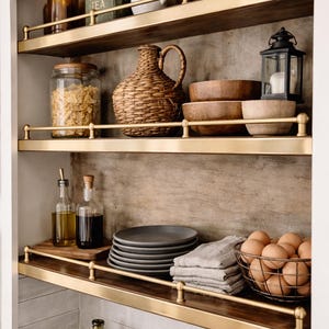 Puede incluir: Una estantería de cocina con varios objetos. Incluye un tarro de cereales, una jarra tejida, cuencos de madera, platos y una cesta de alambre con huevos. También hay botellas de aceite y vinagre, y una lata que dice "PURE TEA".