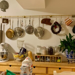 Unlacquered Brass Pot Rack with S-Hooks: Rustic Kitchen Storage