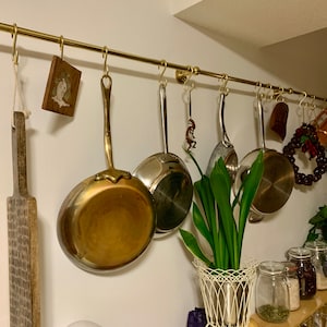 Unlacquered Brass Pot Rack with S-Hooks: Rustic Kitchen Storage
