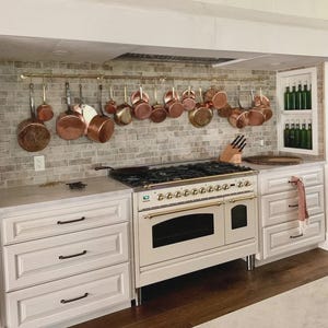 Unlacquered Brass Pot Rail – Solid Brass Kitchen Rack with S Hooks – Wall Mounted Hanging Pan Organizer