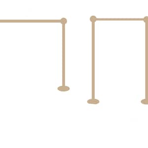 May include: Two simple, tan metal stands with a horizontal bar across the top. The stands are freestanding and have a rounded base.