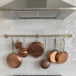 Handmade Unlacquered Brass Pot Rack: Rustic Wall Mount Pan Hanger