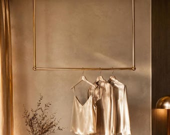 Ceiling Mounted Minimalistic Clothes Rail, Handcrafted Unlacquered Brass Garment Rack, Vintage Open Closet Organizer